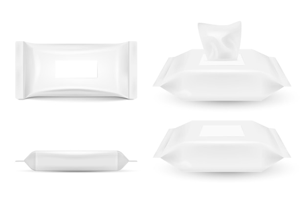 Set di mockup di salviettine umidificate cosmetiche realistiche con patta aperta e chiusa dalla vista dall'alto e laterale isolata su sfondo bianco. illustrazione vettoriale. eps 10.