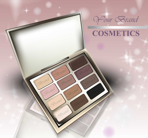 Realistic cosmetics set on sparkling background. Eye shadows Nude Pastel Colors collection. Cosmetic packaging, ad, mock ups