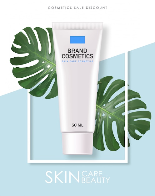 realistic cosmetics, tropical leaves, summer cosmetic, white bottle , package , skin care product, treatment, isolated container