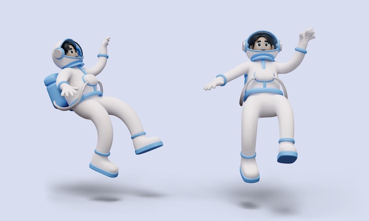 Vector realistic cosmonaut in weightlessness male character falls in space suit