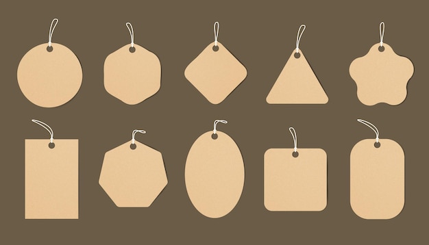 Realistic craft carton paper price tags of different shapes shopping paper labels with rope sale tag