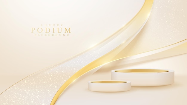 エレガントな金色の曲線装飾とキラキラ光の効果を備えたリアルなクリーム色の表彰台。