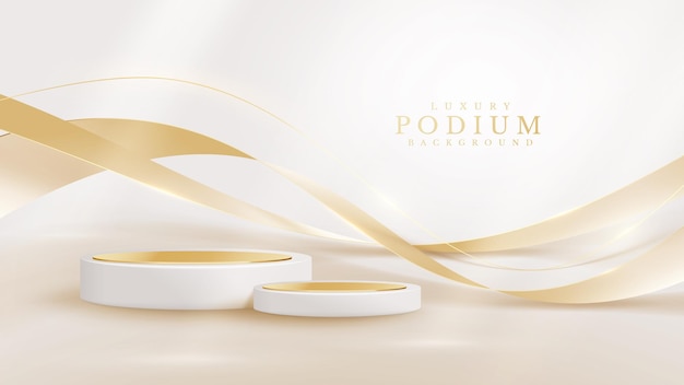 Realistic cream podium with elegant golden curve decoration and glitter light effect