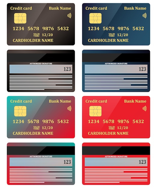 Vector realistic credit cards view from both sides set vector illustration isolated