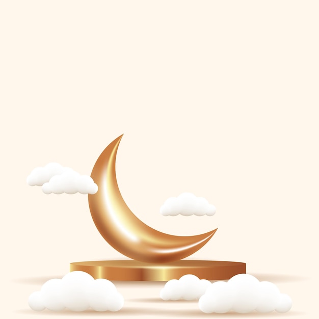 Vector realistic crescent moon podium and cloud islamic ornament vector illustration
