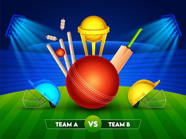 Realistic Cricket Equipment with Golden Trophy Cup and Two Helmet of Participants Team A & B on Glossy Stadium Background for Cricket Championship.