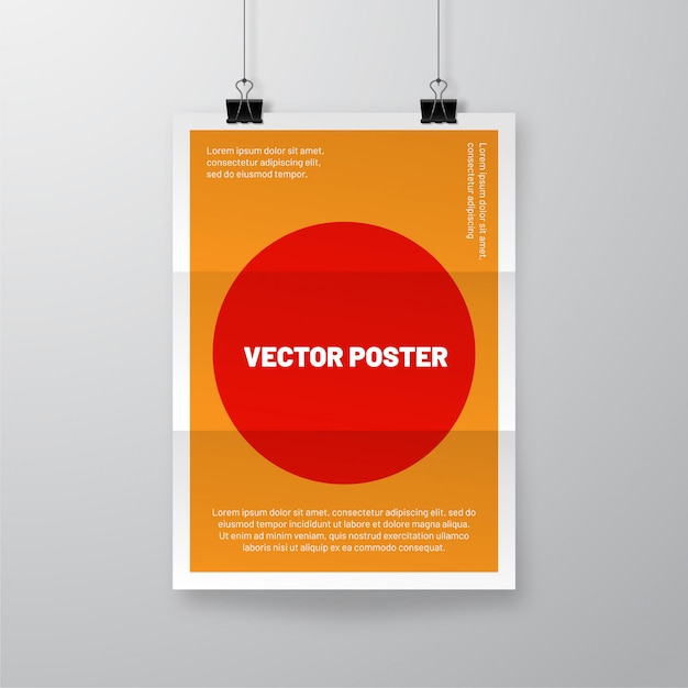 Vector realistic crumpled paper sheet with shadow. wrinkled poster hanging on bulldog clips   template.