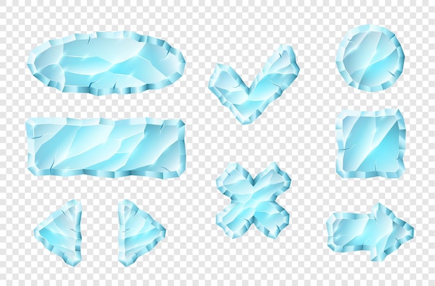 Vettore pulsanti di cristallo realistici impostati per l'esperienza dell'utente nella navigazione delle applicazioni per computer mobili. set di elementi blu creativi per la progettazione di app. illustrazione vettoriale