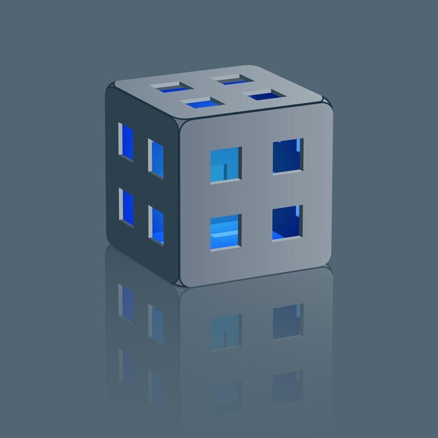 Realistic cube with reflection Vector illustration of a cube with windows on the sides