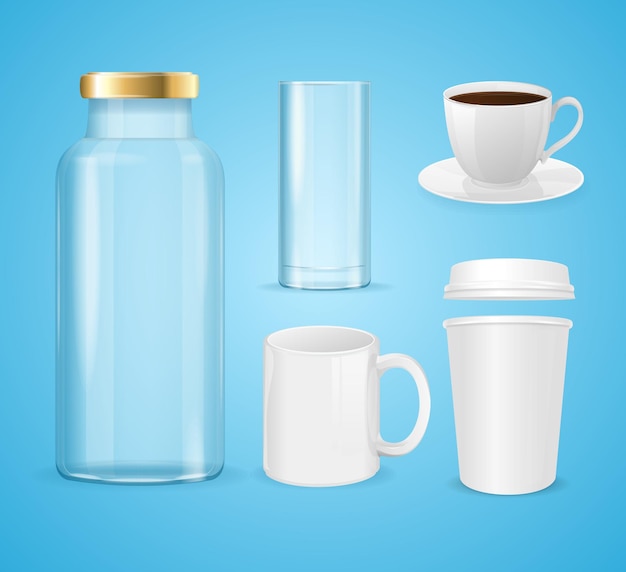 Realistic Cup Can and Bottle Set for Liquid Beverage Product Vector