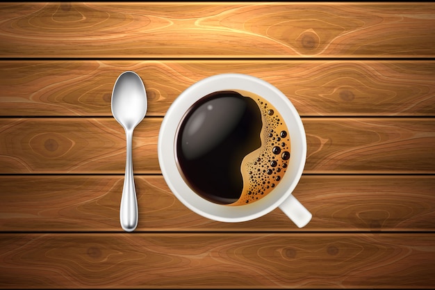 Vector realistic cup coffee spoon wooden texture