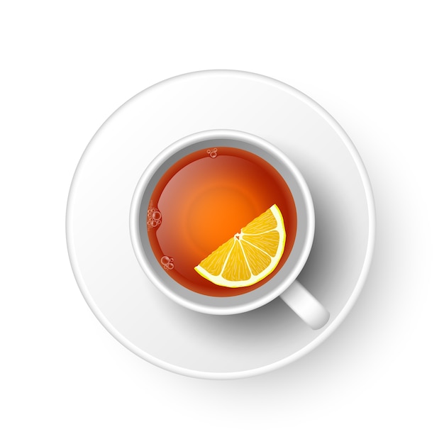 Vector realistic  cup of hot aromatic freshly brewed drink black tea with lemon, saucer. a teacup top illustration