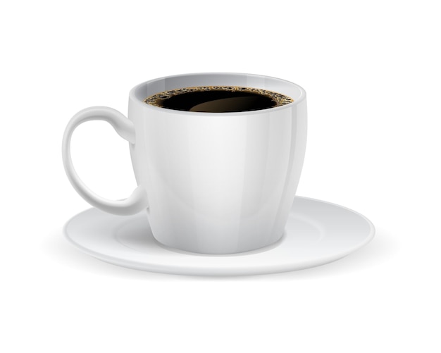 ブラック コーヒーと現実的なカップ白いエスプレッソ マグとソーサー熱いカフェインの飲み物のためのセラミック食器磁器食器の側面図孤立したカフェテリア メニュー要素ベクトル飲料提供