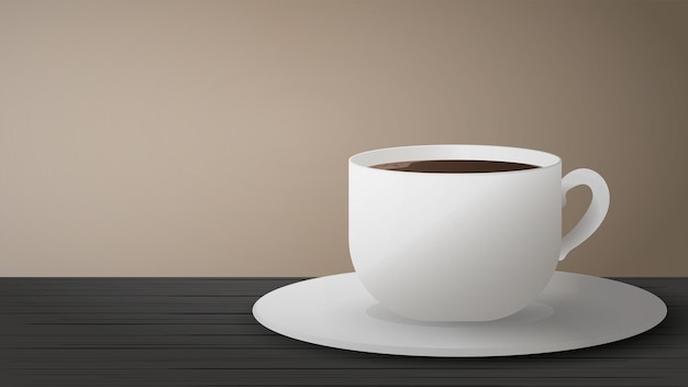 Vector realistic cup with coffee on a black wooden table.