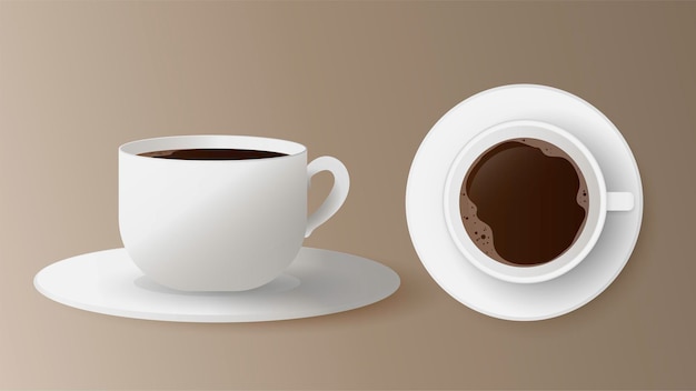 Vector realistic cup with coffee set. white cup on a saucer side and top view. espresso isolated on a white background.