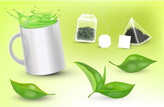 Realistic cup with green tea and tea bags and tea leaves Vector illustration