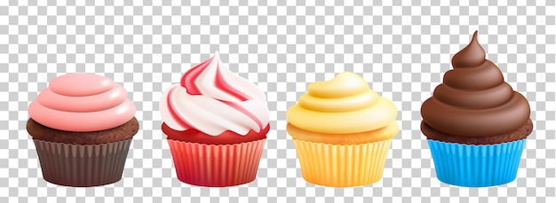 Vector realistic cupcakes with cream. muffins isolated on transparent background
