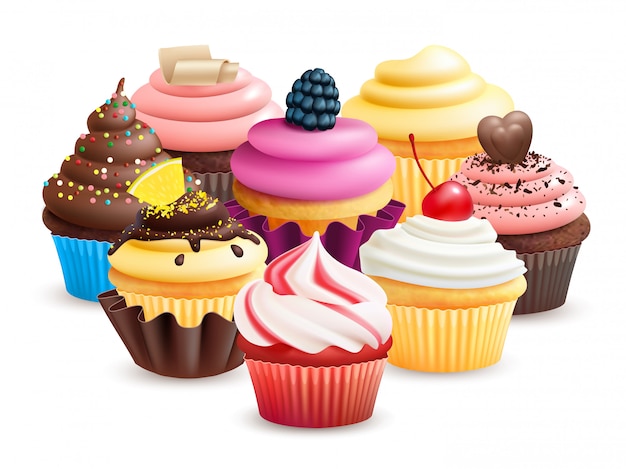 Cupcakes realistici con frutta, panna, cioccolato, ciliegia illustrazione