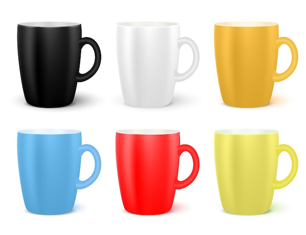 Realistic cups set isolated on white background mugs of various colors vector coffee cups collection