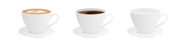 Vector realistic cups with cappuccino and coffee side view porcelain white tableware with brown hot drink