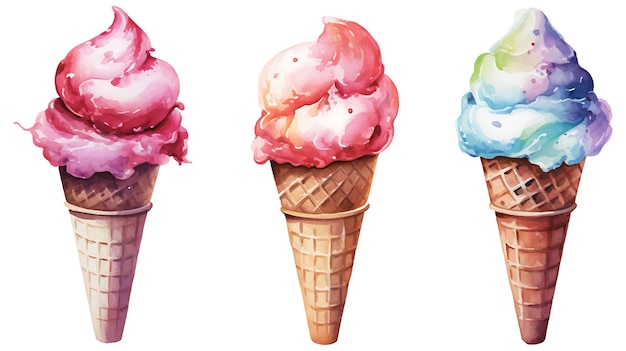 Realistic cute watercolor summer ice cream set on a white background