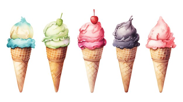 Realistic cute watercolor summer ice cream set on a white background