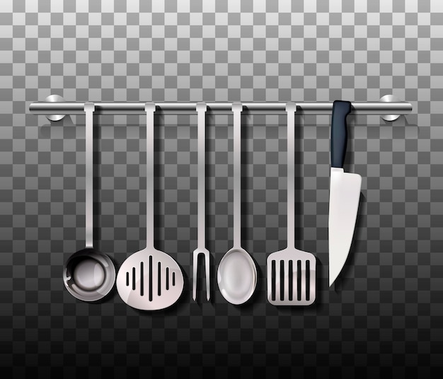 Vector realistic cutlery set. silver or steel kitchen utensil isolated on background. vector