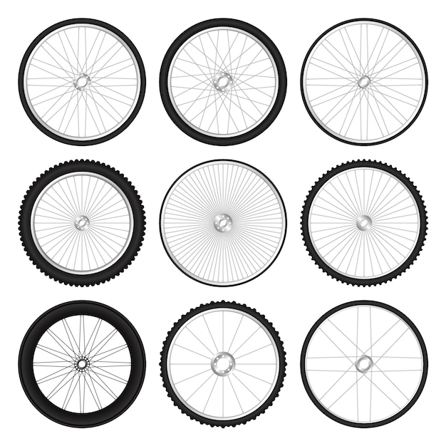 Вектор Реалистичные велосипедные колеса d, резиновые шины для велосипеда, блестящие металлические спицы и диски, фитнес, велоспорт, туризм, спорт