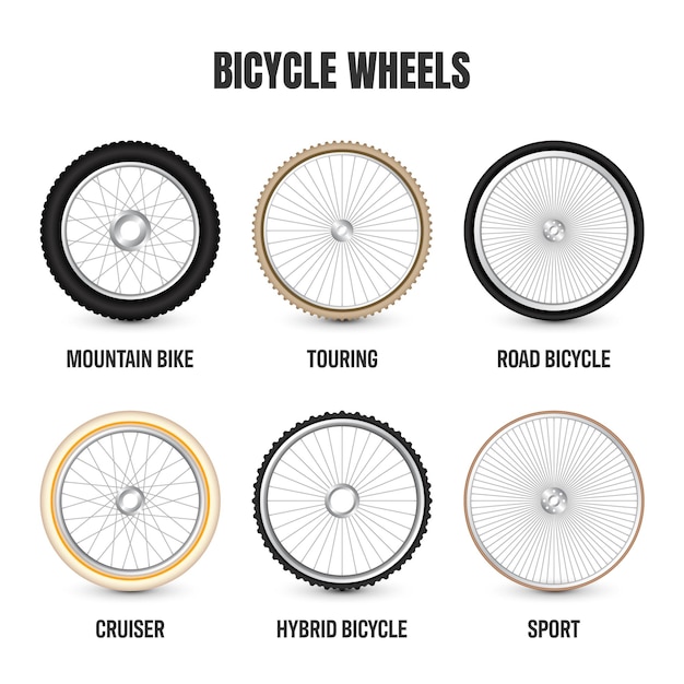 Realistic d bicycle wheels bike rubber tyres shiny metal spokes and rims fitness cycle touring sport