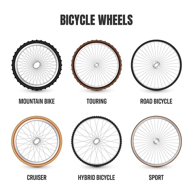 Vettore ruote di bicicletta realistiche gomme di bicicletta raggi e cerchi metallici lucidi bicicletta fitness touring sport.