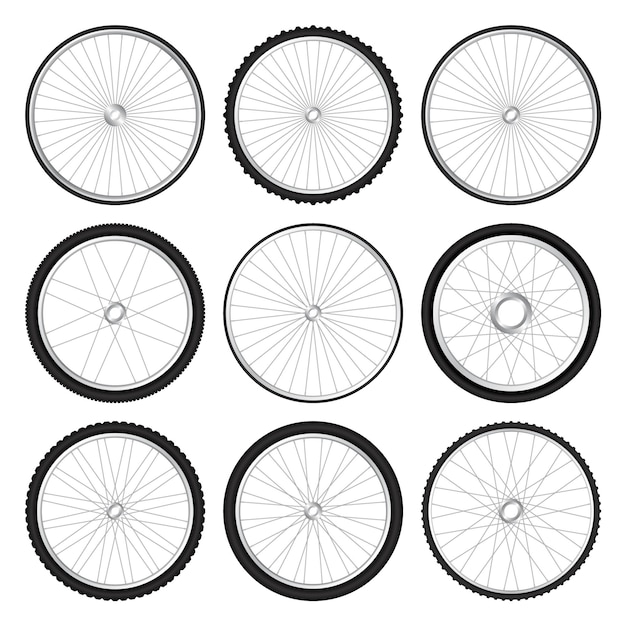 Vector realistic d bicycle wheels bike rubber tyres shiny metal spokes and rims fitness cycle touring sport