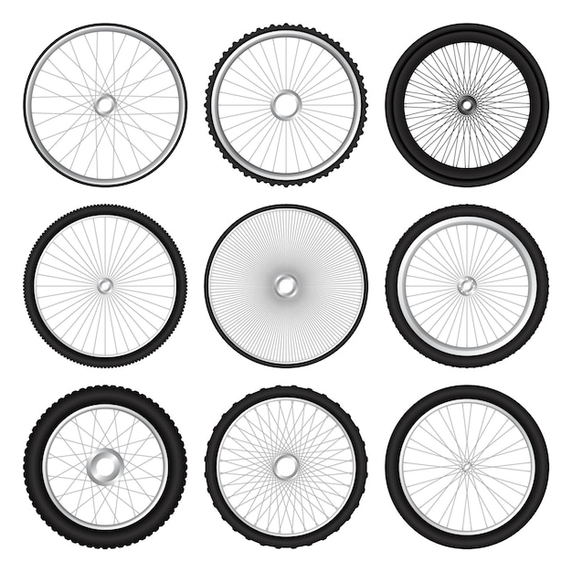 Vector realistic d bicycle wheels bike rubber tyres shiny metal spokes and rims fitness cycle touring sport