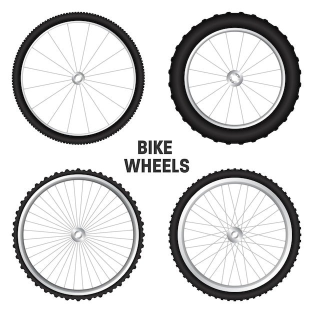 Vector realistic d bicycle wheels bike rubber tyres shiny metal spokes and rims fitness cycle touring sport