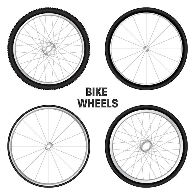 Realistic d bicycle wheels bike rubber tyres shiny metal spokes and rims fitness cycle touring sport