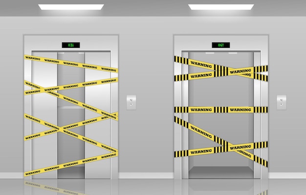 Vector realistic d broken elevators on repair with warning yellow tape broken elevators closed for repair