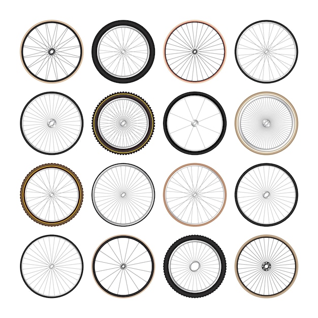 Вектор Реалистичные ретро велосипедные колеса, винтажные велосипедные резиновые шины, блестящие металлические спицы и диски, велосипед для фитнеса