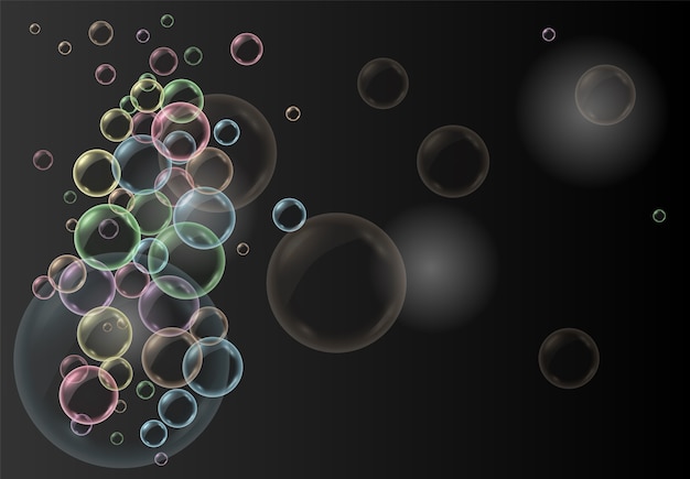 Vettore realistico sfondo scuro con bolle d'acqua sapone trasparente, palle o sfere.