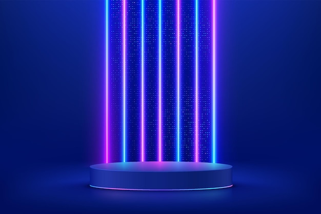 Realistic dark blue 3D cylinder pedestal podium Scifi abstract room with vertical glow neon lighting