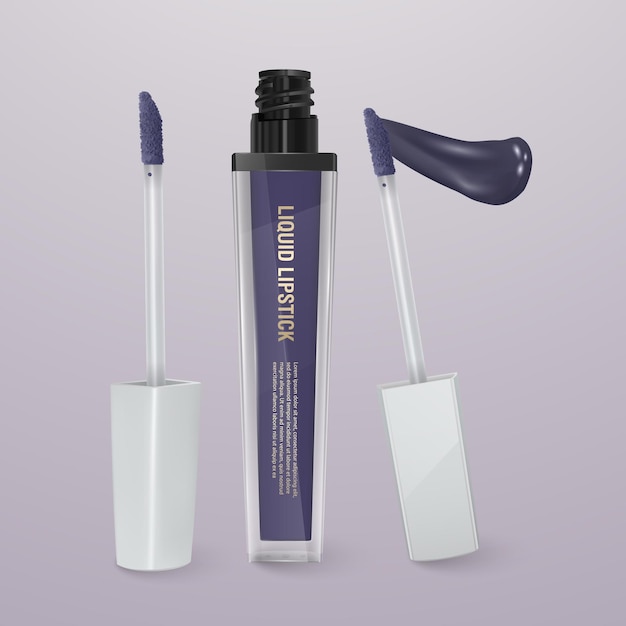 Realistic, dark blue liquid lipstick with stroke of lipstick. 3d illustration, trendy cosmetic design