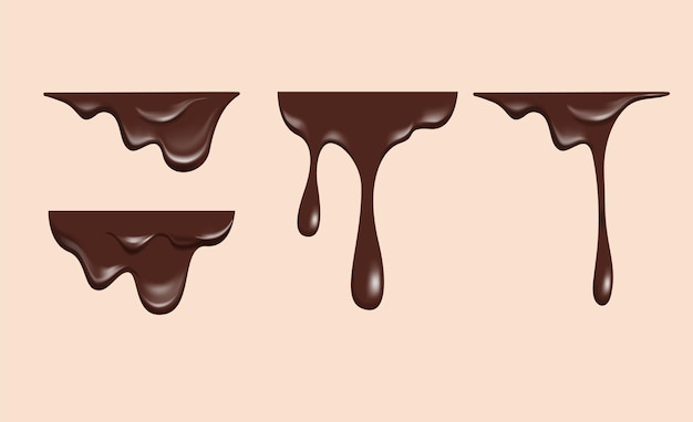 Реалистичные капли темного шоколада, плавящиеся с плоской вершиной для коллекции векторных наборов бордюров