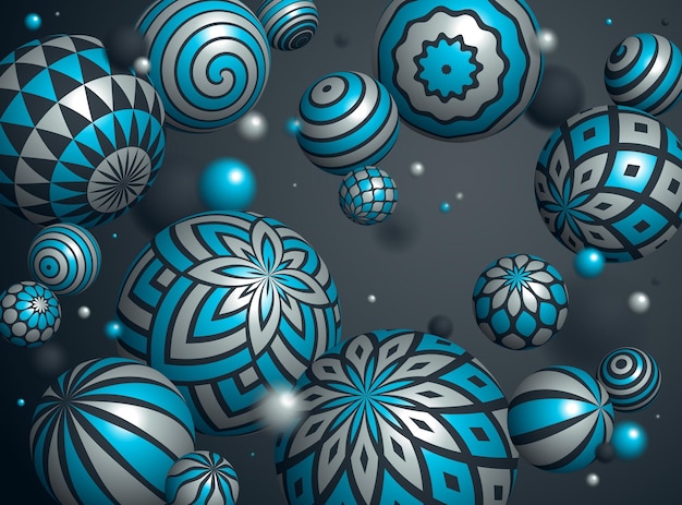 Vector realistic decorated spheres vector illustration, abstract background with beautiful balls with patterns and depth of field effect, 3d globes design concept art.