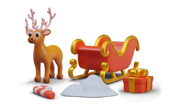 Vector realistic deer standing near santa sleighs snowdrift red gift box and candy cane