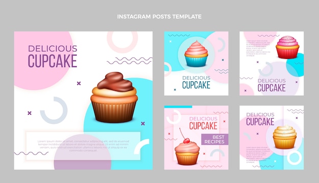 Vector realistic delicious cupcake instagram posts