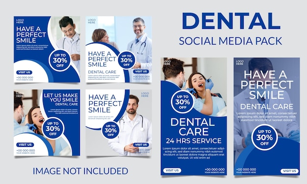 Vettore pacchetto creativo per social media per clinica dentale e cure dentistiche realistico con vettore o modello premium