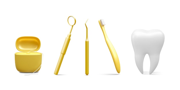 Vettore strumenti dentali realistici isolati su sfondo bianco concetto di cura dentale dei denti illustrazione vettoriale