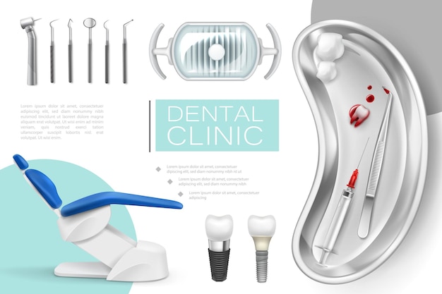 Collezione di elementi di odontoiatria realistica con poltrona medica impianti dentali pinza a specchio lampada scaler dente macchina vassoio in metallo con gancio siringa batuffoli di cotone