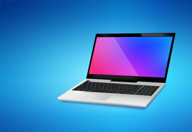 Concetto di design realistico che pubblicizza un moderno modello di laptop con schermo viola lucido su blu