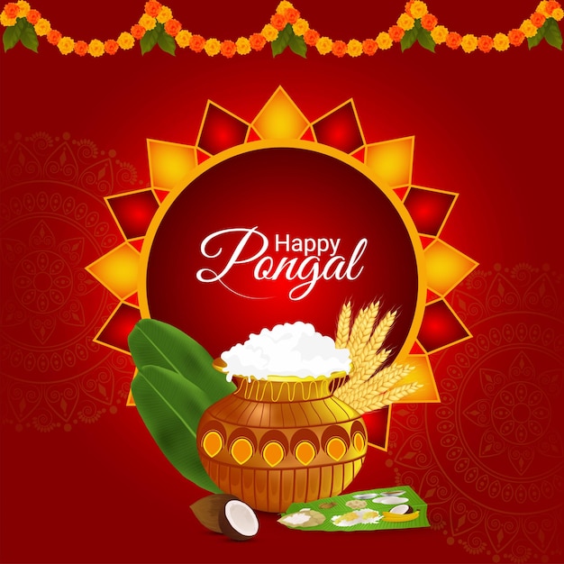 Реалистичная концепция дизайна поздравительной открытки happy pongal