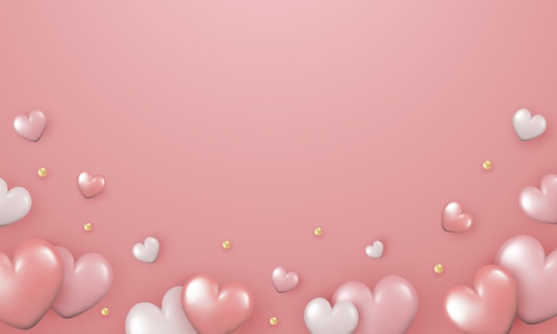 Realistic design for Valentines Day 3d shiny hearts on pink background