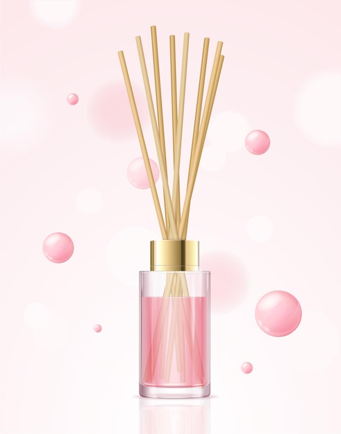 Realistic Detailed 3d Aromatherapy Rose Concept Vector illustration of Glass Jar with Wooden Aroma Sticks on a Rose